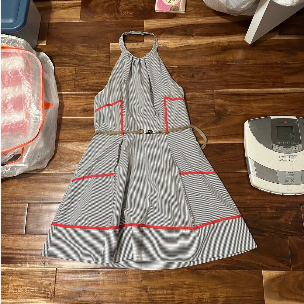 Jessica Simpson Striped Seersucker Belted Halter Dress Gray White Womens Size 14 - Picture 12 of 12